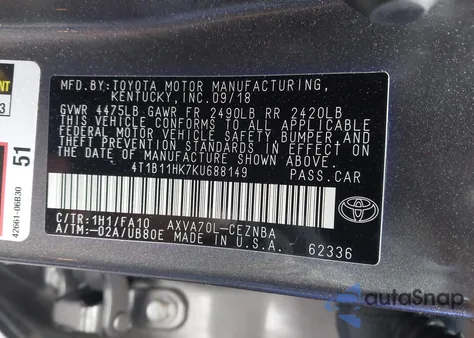 2019 Toyota Camry Le from USA, damaged, VIN 4T1B11HK7KU688149